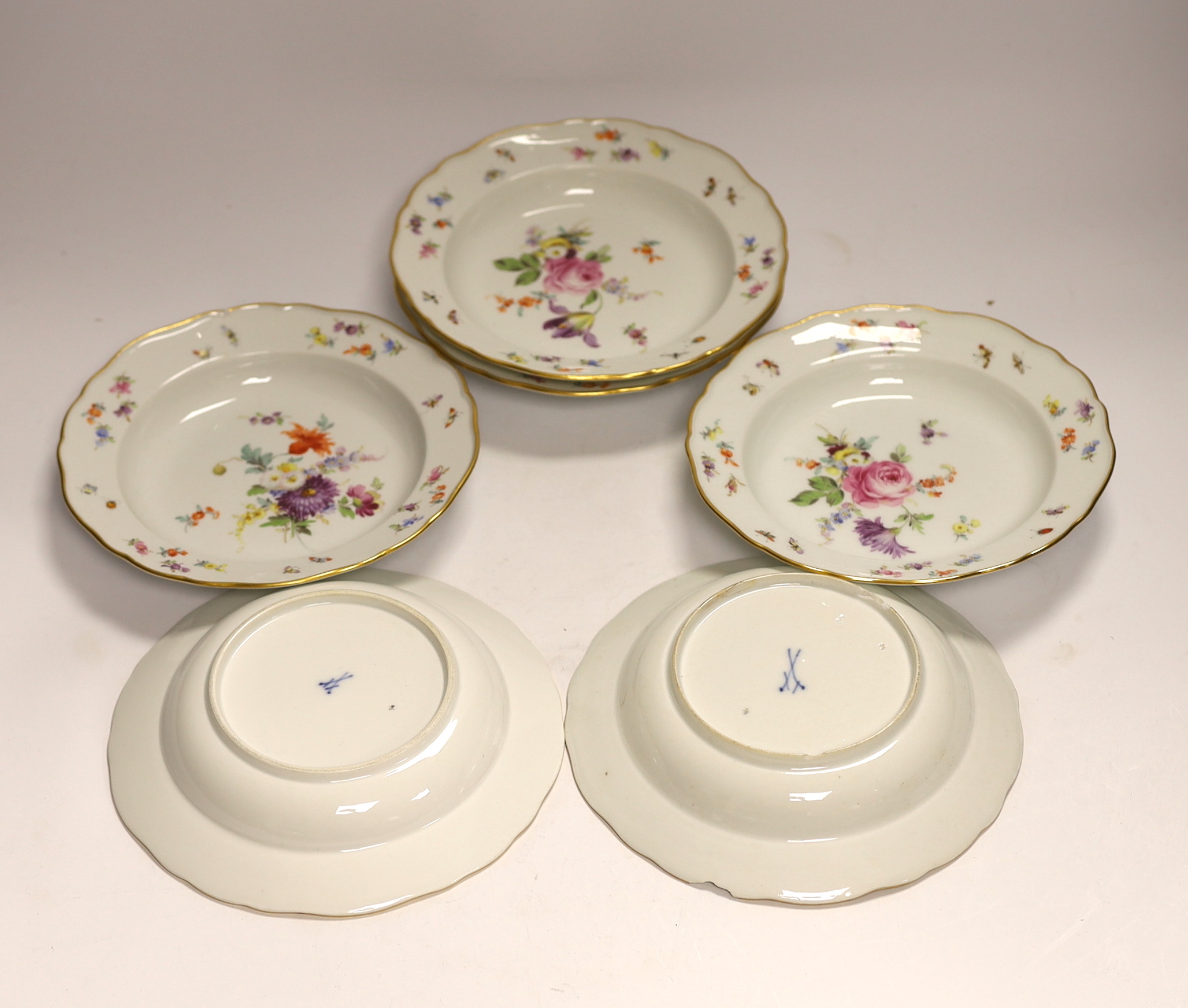 Set of six 19th century Meissen porcelain floral dishes, 20cm in diameter